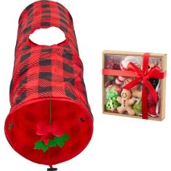 Frisco Holiday Buffalo Plaid Foldable Play Tunnel Cat Toy With Catnip & Frisco Holiday Festive Red Variety Pack Gift Box Cat Toy With Catnip, 14 Count